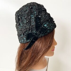 Vintage Schiaparelli Hat Black Turquoise Lace Beaded Velvet Bow Avant Garde Chic
